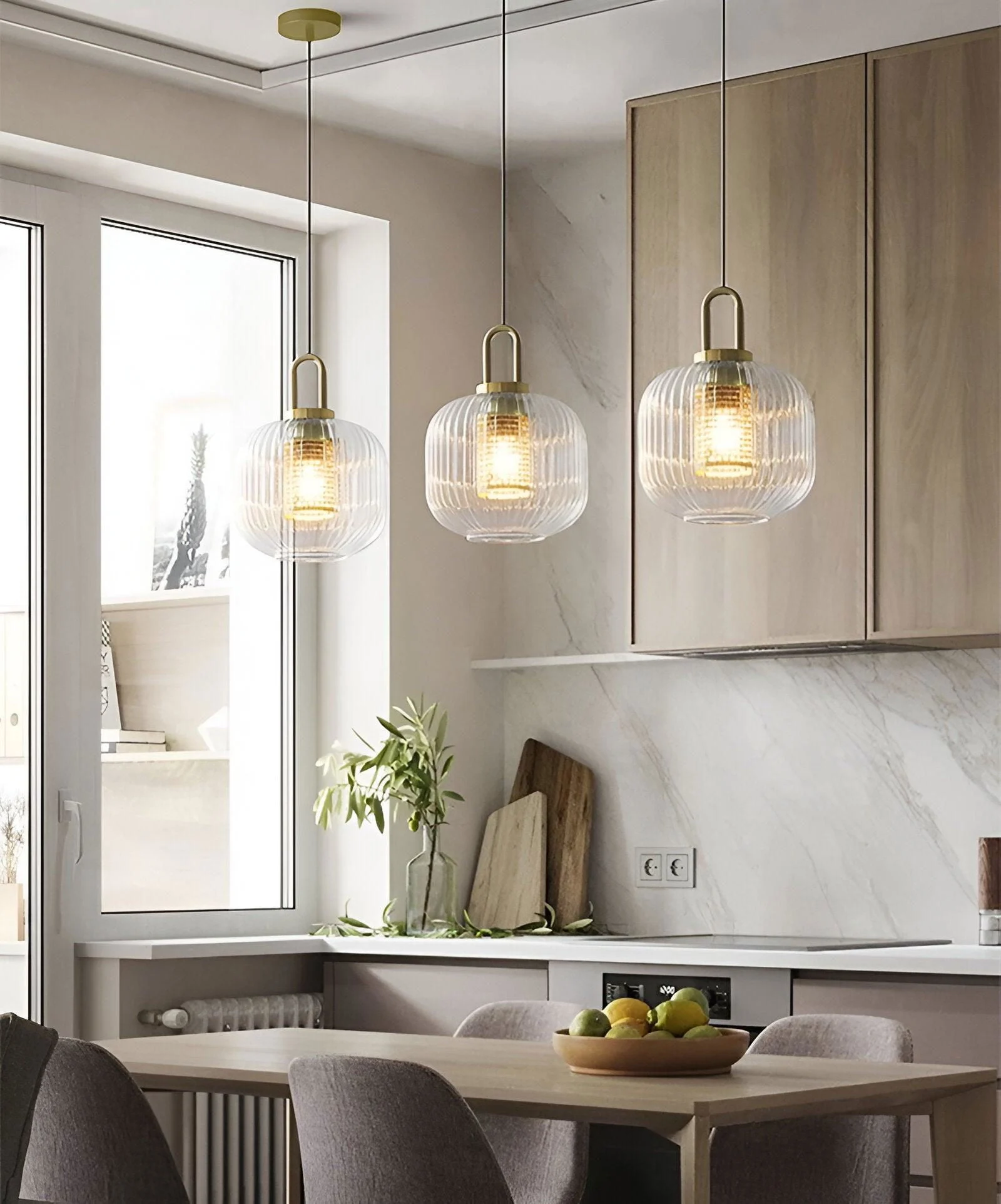 ClaChic Hanging Lamp - White & Gold Nordic Ribbed Glass Pendant Light -  - #tag1#