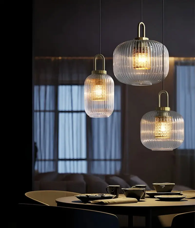 ClaChic Hanging Lamp White Gold Nordic Ribbed Glass Pendant Light tag1