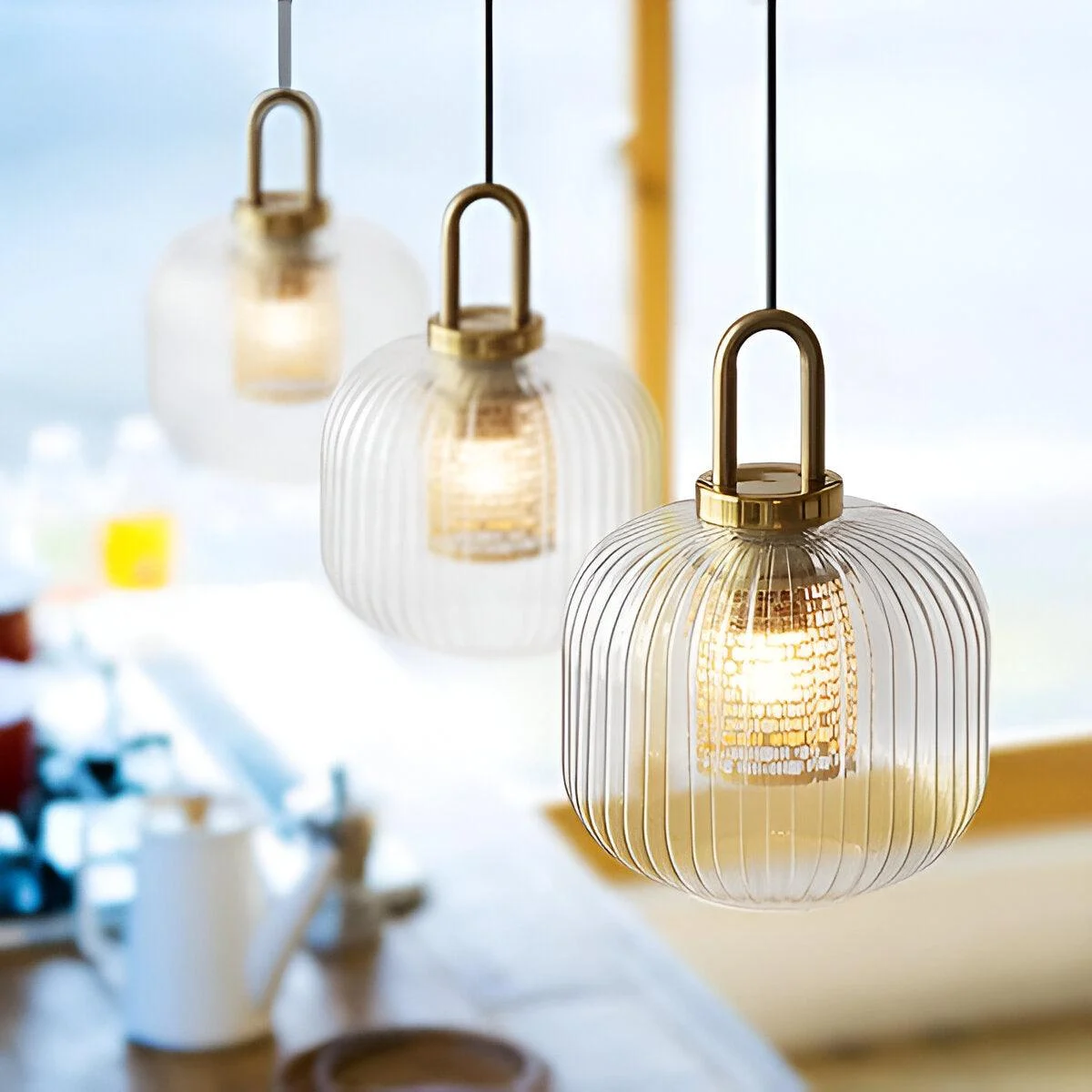 ClaChic Hanging Lamp - White & Gold Nordic Ribbed Glass Pendant Light -  - #tag1#