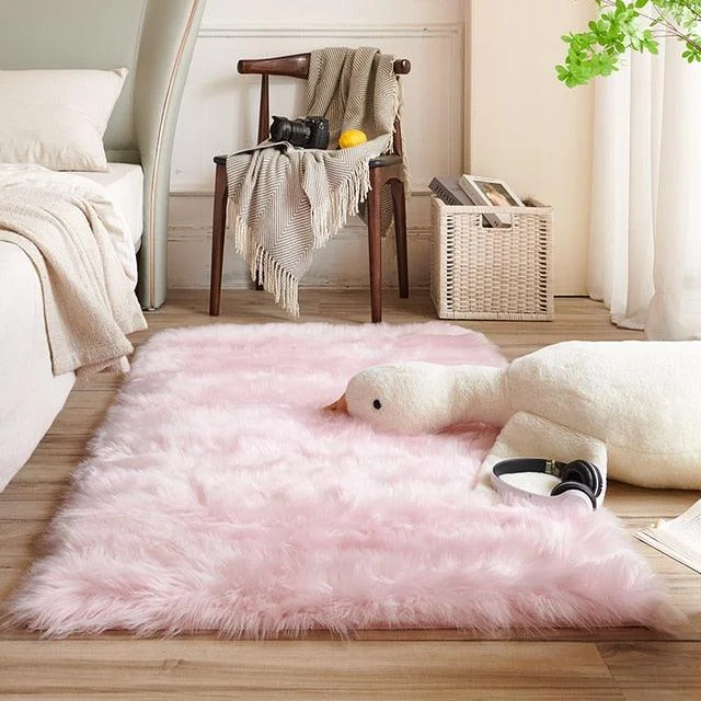 Classic Color Red Black Plush Rugs Long Hair Carpet Mat Floor Living Room -