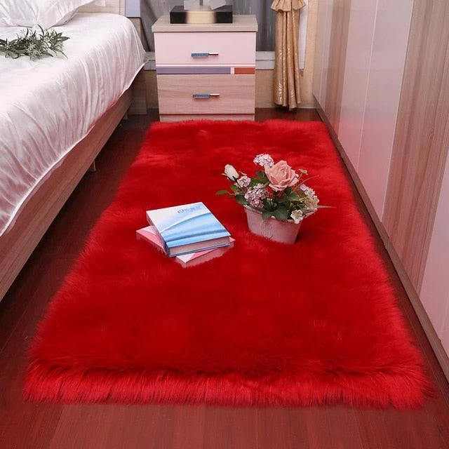 Classic Color Red Black Plush Rugs Long Hair Carpet Mat Floor Living Room -