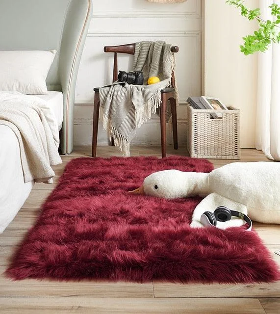 Classic Color Red Black Plush Rugs Long Hair Carpet Mat Floor Living Room -
