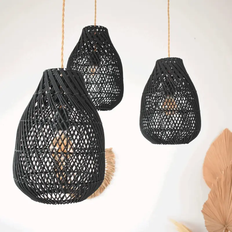 Classic Farmhouse Black Wicker Handwoven Pendant Light tag1