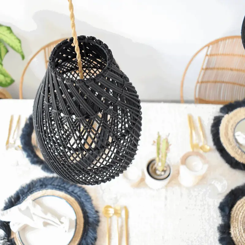 Classic Farmhouse Black Wicker Handwoven Pendant Light tag1