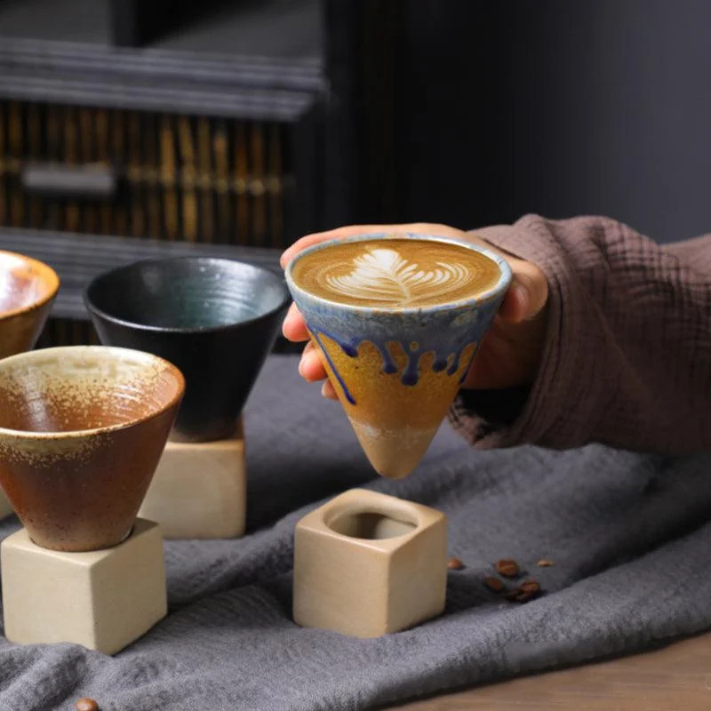 Coarse Pottery Coffee Mug with Base Conical Couture Cup & Base Set -  - #tag1#