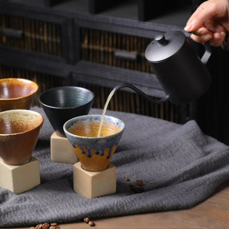 Coarse Pottery Coffee Mug with Base Conical Couture Cup & Base Set -  - #tag1#