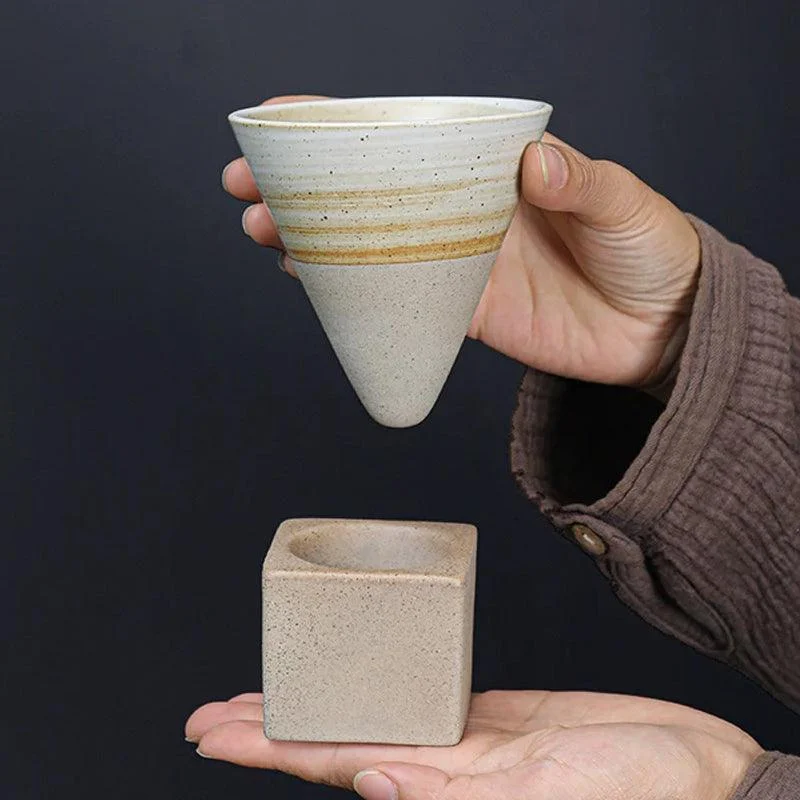 Coarse Pottery Coffee Mug with Base Conical Couture Cup & Base Set -  - #tag1#