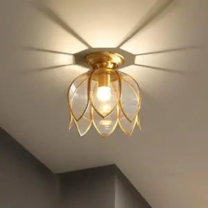 Colonial Brass Flower Ceiling Lamp with Crystal Clear Shades