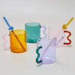Colourful Glass Coffee Mug With Squiggle Handle tag1