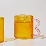 Colourful Glass Coffee Mug With Squiggle Handle tag1