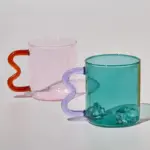 Colourful Glass Coffee Mug With Squiggle Handle tag1