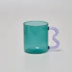 Colourful Glass Coffee Mug With Squiggle Handle tag1
