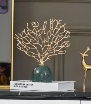 Coral Sculpture on Green Marble Base - Gold Metal Tree Decor Set 30.5 cm