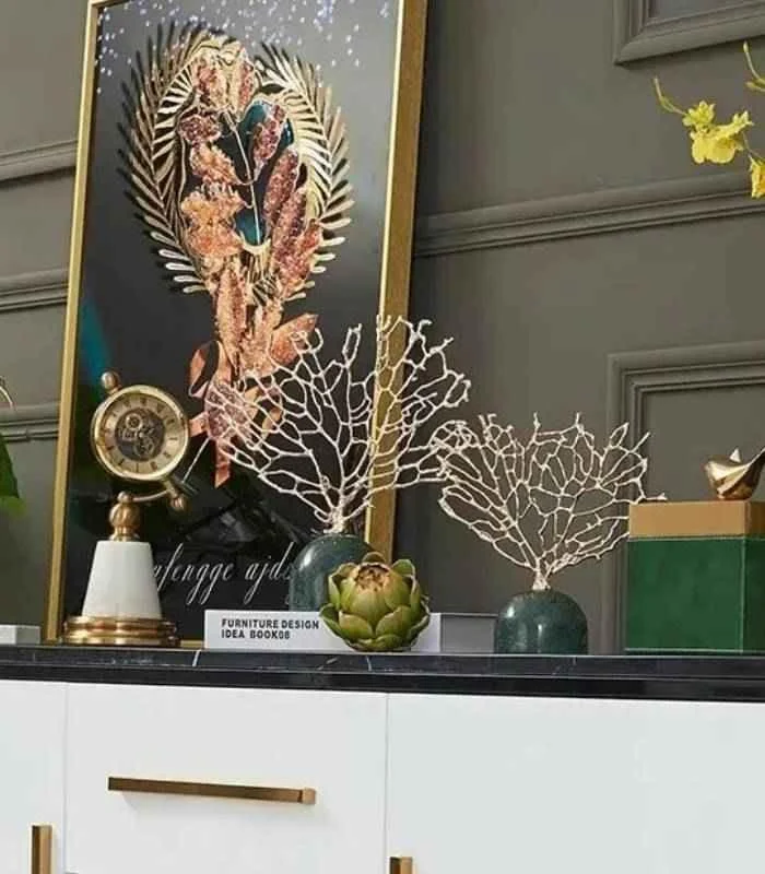 Coral Sculpture on Green Marble Base - Gold Metal Tree Decor Set 30.5 cm -  - #tag1#