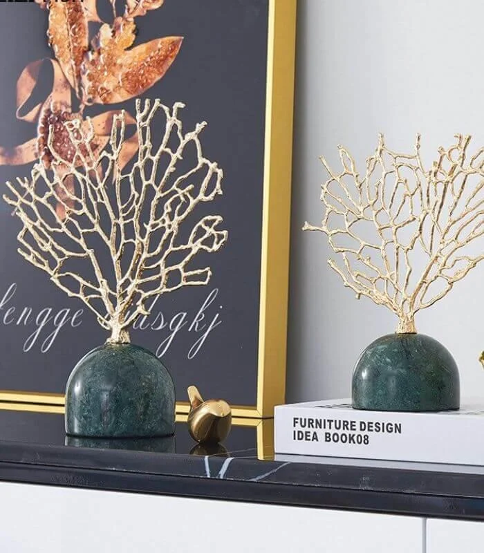 Coral Sculpture on Green Marble Base - Gold Metal Tree Decor Set 30.5 cm -  - #tag1#