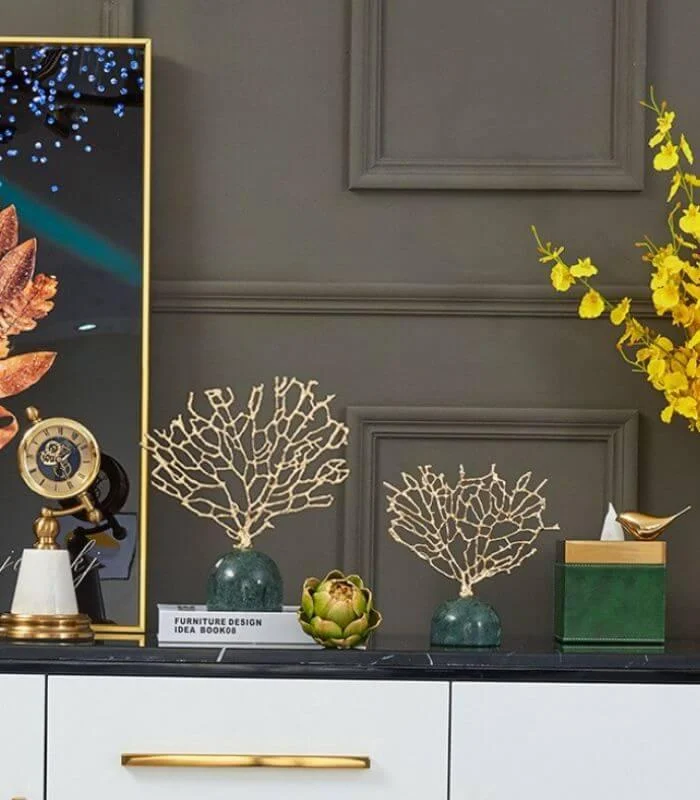 Coral Sculpture on Green Marble Base - Gold Metal Tree Decor Set 30.5 cm -  - #tag1#