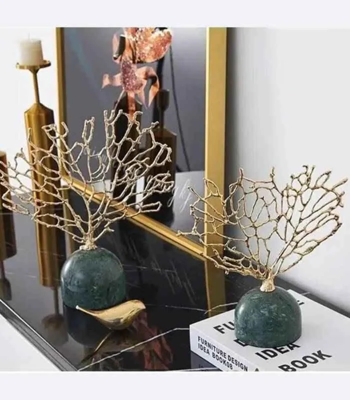 Coral Sculpture on Green Marble Base - Gold Metal Tree Decor Set 30.5 cm -  - #tag1#