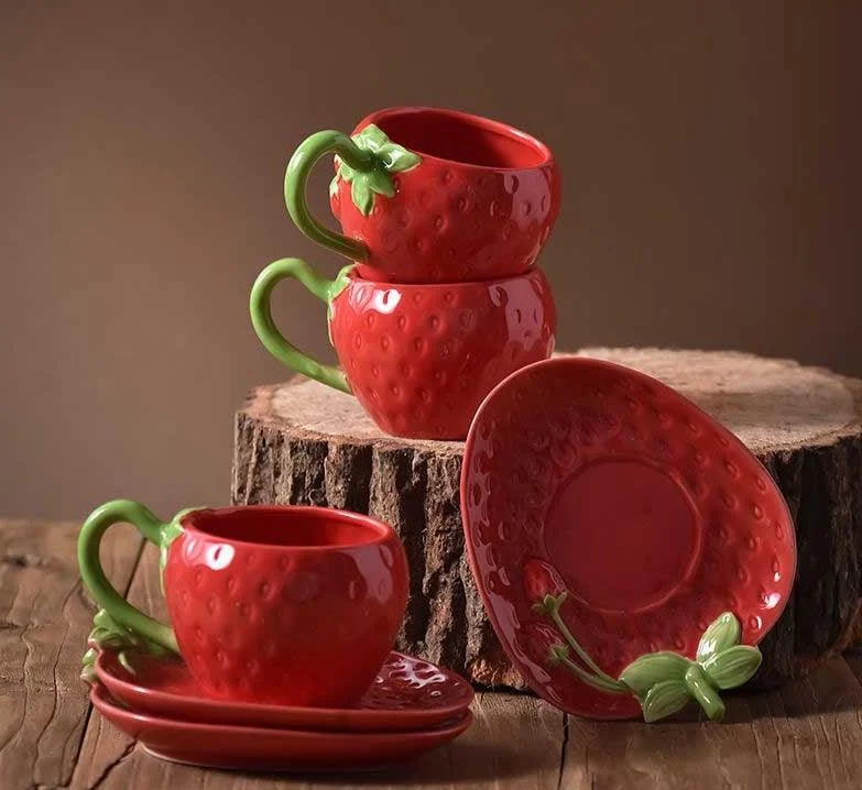 Cottagecore Ceramic Strawberry Mugs & Saucer Set - 