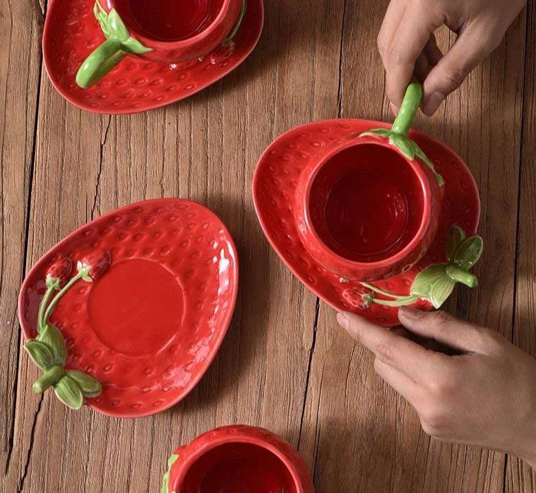 Cottagecore Ceramic Strawberry Mugs & Saucer Set -