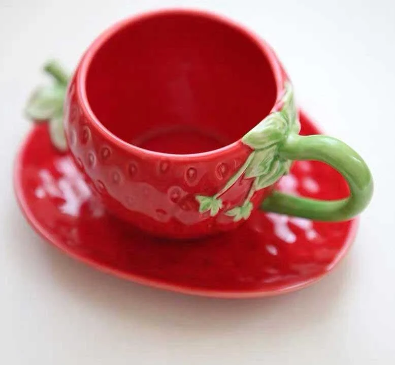 Cottagecore Ceramic Strawberry Mugs & Saucer Set -