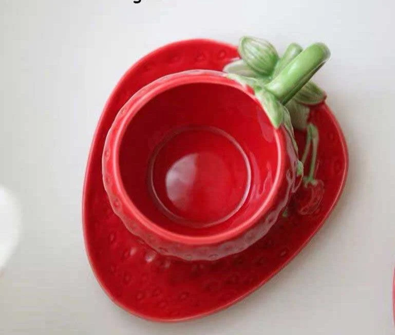 Cottagecore Ceramic Strawberry Mugs & Saucer Set -