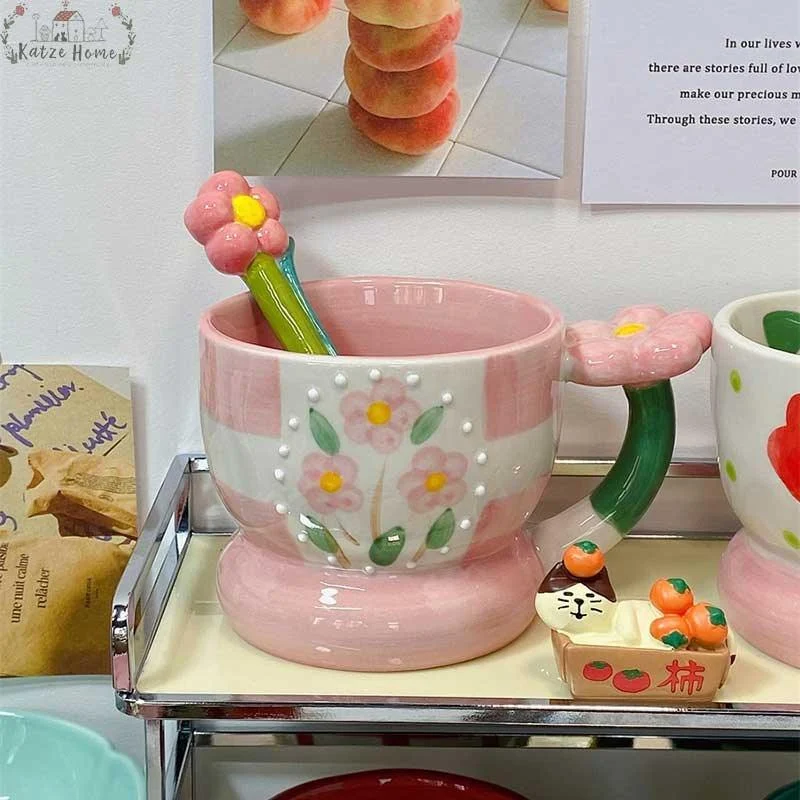 Cottagecore Checkerboard Flower Ceramic Tulip Mug -