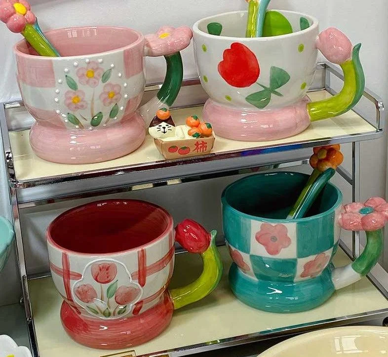 Cottagecore Checkerboard Flower Ceramic Tulip Mug -