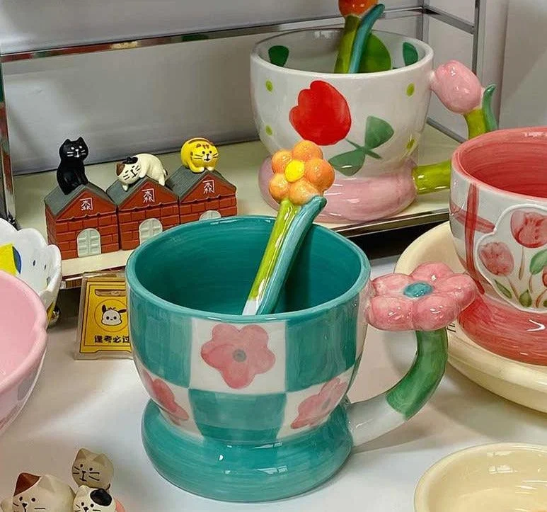 Cottagecore Checkerboard Flower Ceramic Tulip Mug -