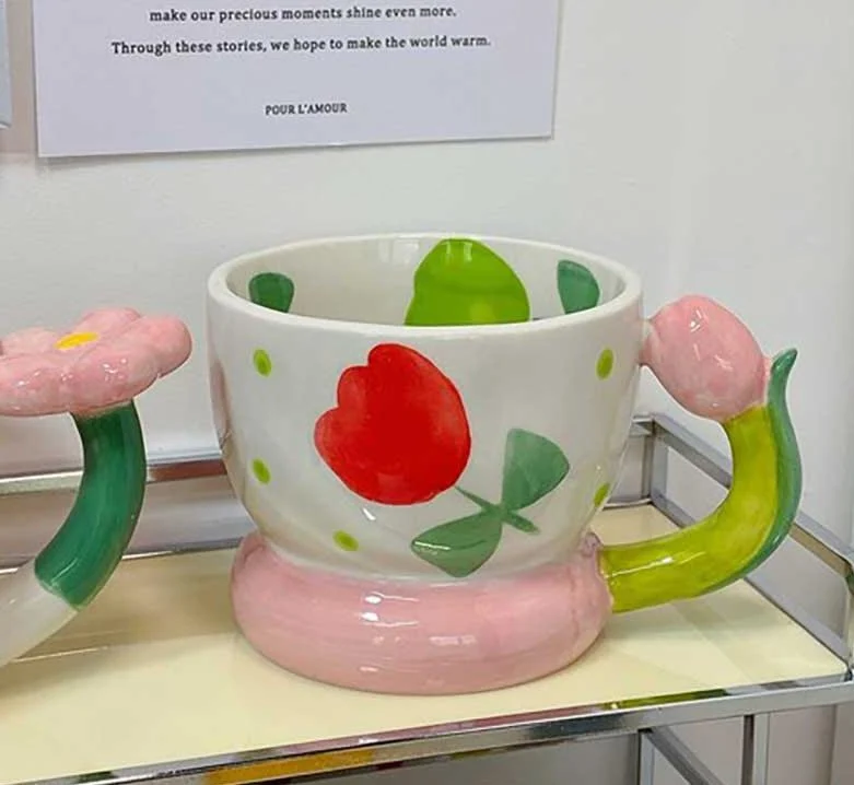 Cottagecore Checkerboard Flower Ceramic Tulip Mug -