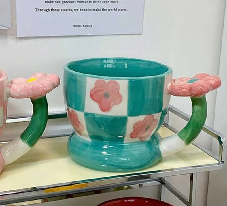 Cottagecore Checkerboard Flower Ceramic Tulip Mug -