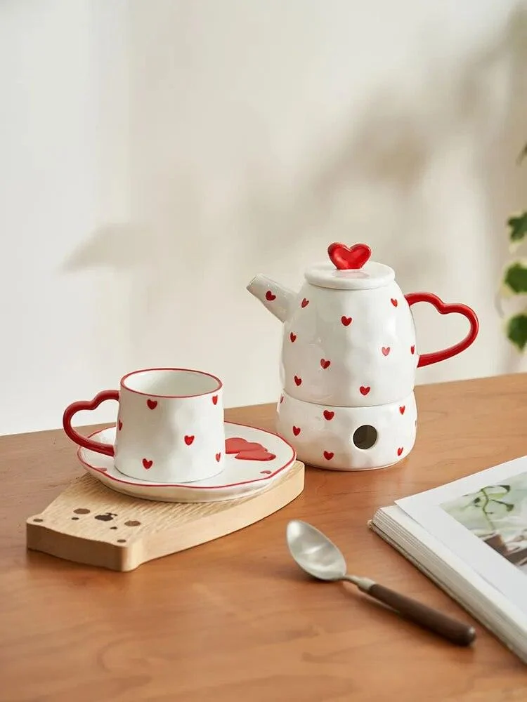 Cottagecore Red Heart Ceramic Tea Sets -