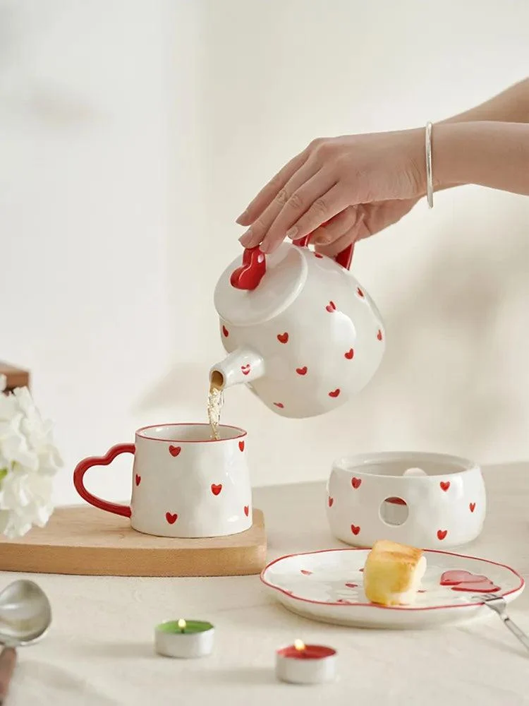 Cottagecore Red Heart Ceramic Tea Sets -