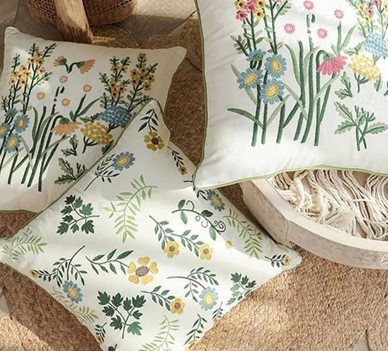 Cottagecore Wild Flower Embroidered Pillow Cover - 
