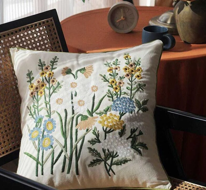 Cottagecore Wild Flower Embroidered Pillow Cover -
