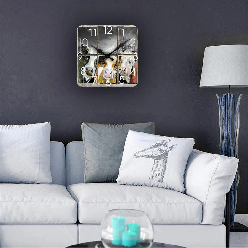 Cow Farm Theme Silent Square Wall Clock 12 Inches -
