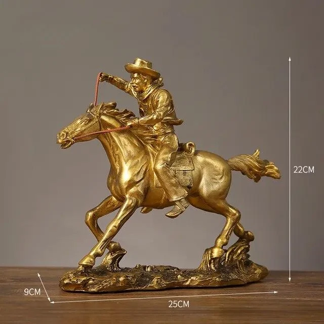 Cowboy And Horse Gold Resin Crafts Sculptures and Statues Decorations - 