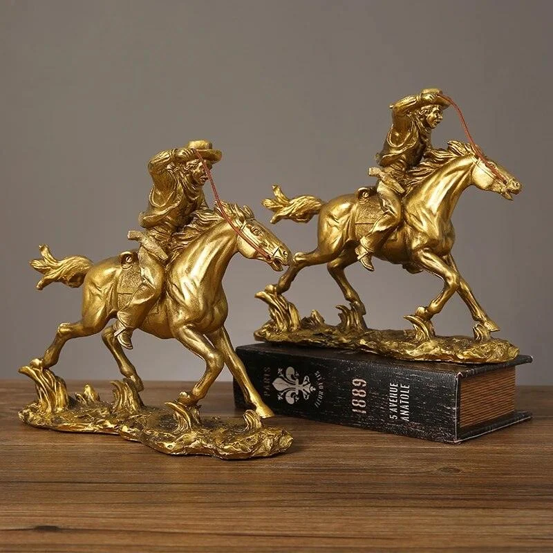 Cowboy And Horse Gold Resin Crafts Sculptures and Statues Decorations -