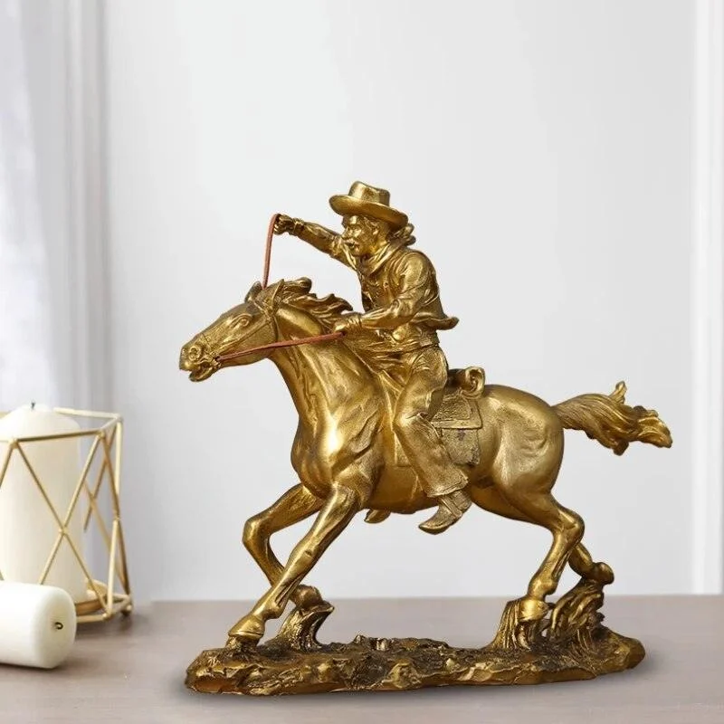 Cowboy And Horse Gold Resin Crafts Sculptures and Statues Decorations -