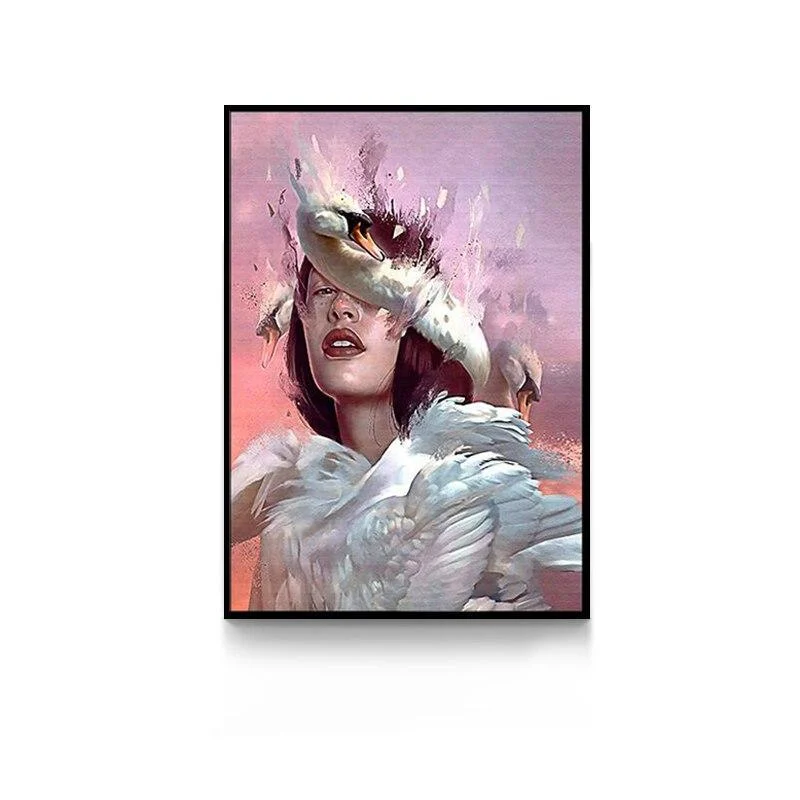 Creative Anime Alien Girl Canvas Painting Bird Leaf Flowers Butterfly Poster Print Wall Art For Living Room -  - #tag1#