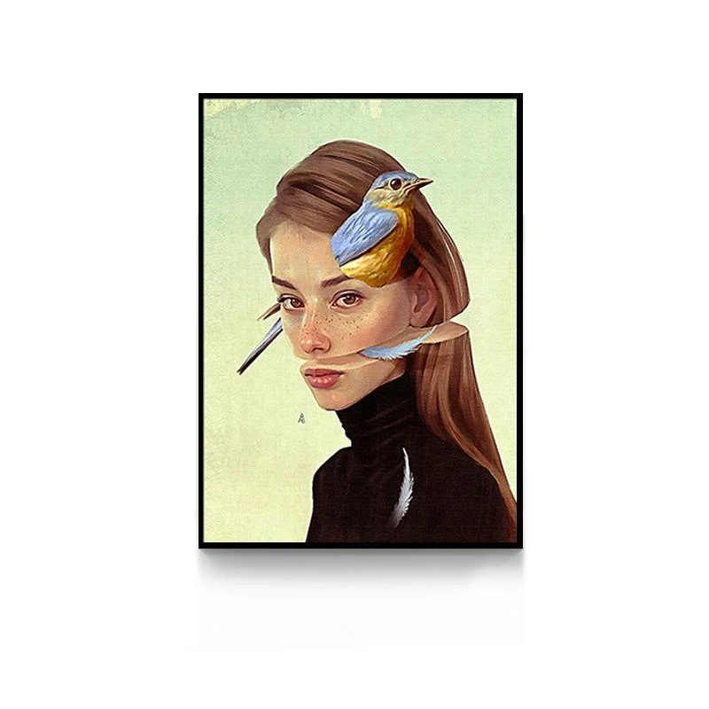 Creative Anime Alien Girl Canvas Painting Bird Leaf Flowers Butterfly Poster Print Wall Art For Living Room -  - #tag1#