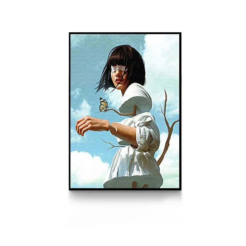 Creative Anime Alien Girl Canvas Painting Bird Leaf Flowers Butterfly Poster Print Wall Art For Living Room -  - #tag1#