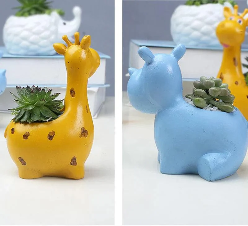 Creative Resin Animal Flower Pots: Cute Hippo and Giraffe Planters -