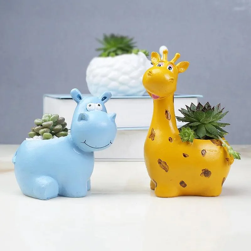 Creative Resin Animal Flower Pots: Cute Hippo and Giraffe Planters -