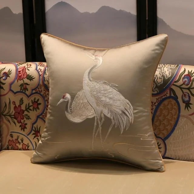Cushion Cover Crane Embroidered Silk Sating 45x45cm -  - #tag1#