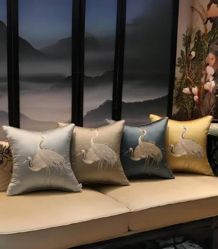 Cushion Cover Crane Embroidered Silk Sating 45x45cm -  - #tag1#