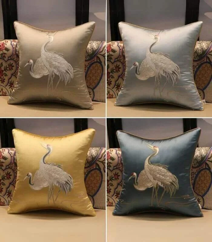 Cushion Cover Crane Embroidered Silk Sating 45x45cm -  - #tag1#