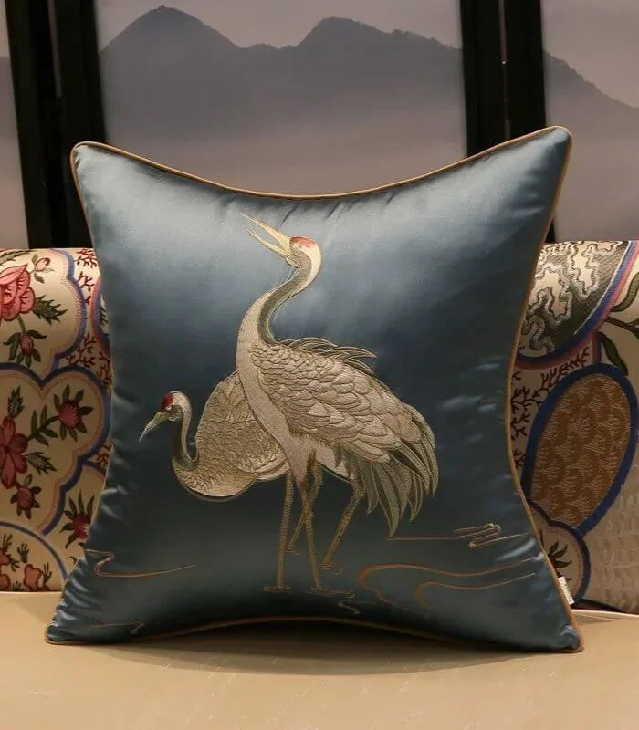 Cushion Cover Crane Embroidered Silk Sating 45x45cm -  - #tag1#