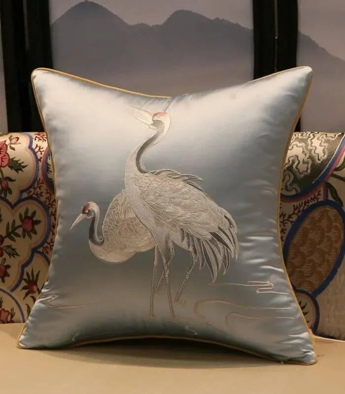 Cushion Cover Crane Embroidered Silk Sating 45x45cm -  - #tag1#