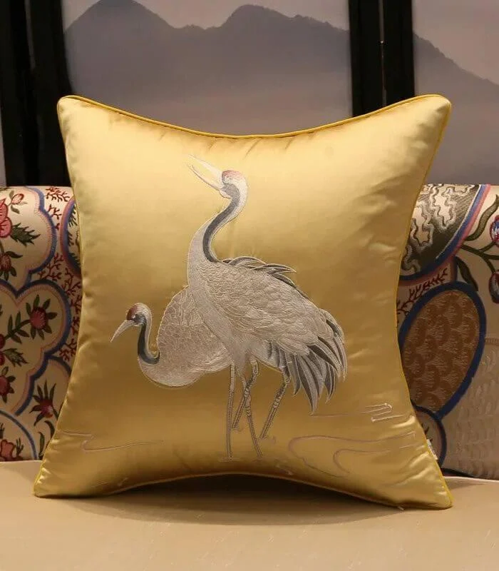Cushion Cover Crane Embroidered Silk Sating 45x45cm -  - #tag1#