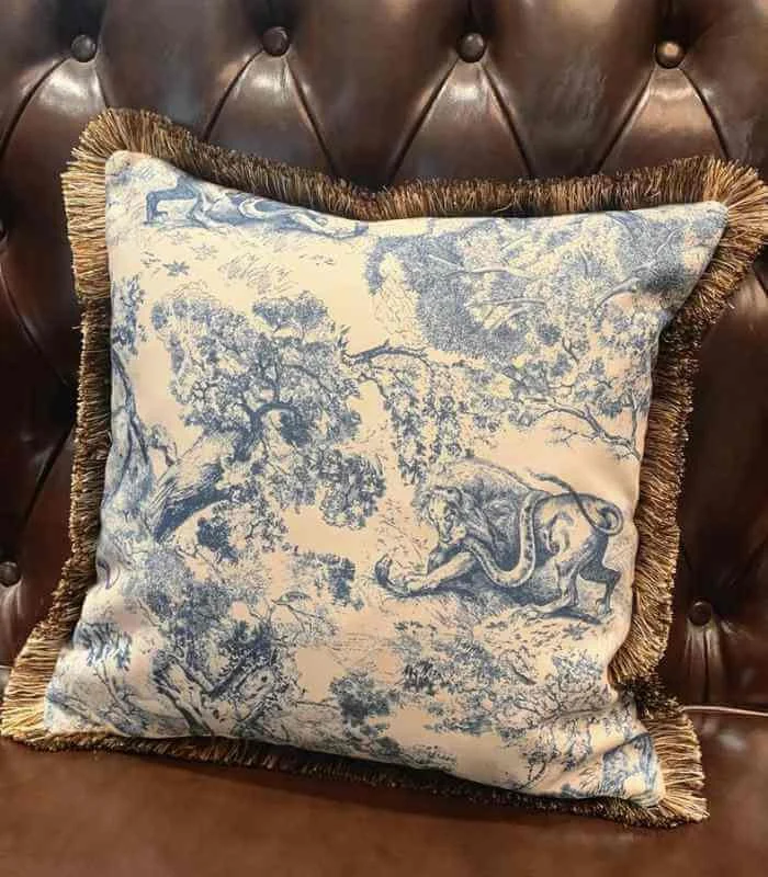 Cushion Cover Mythos Woven Blue Print Fringed 45x45 cm -  - #tag1#